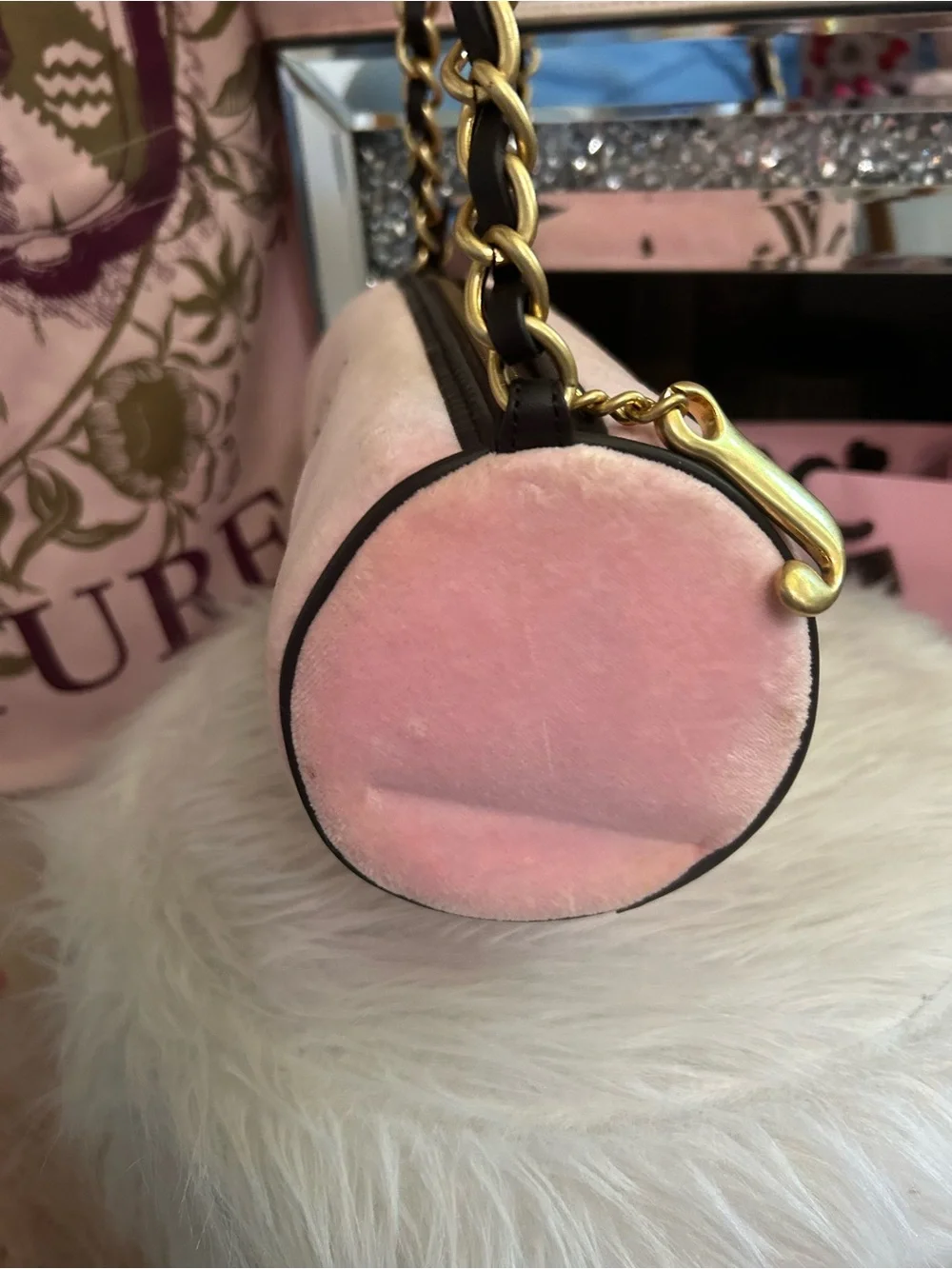 NWT Y2K Vintage 2007 Juicy Couture Pink Velour Brown Leather Tootsie Barrel Bag